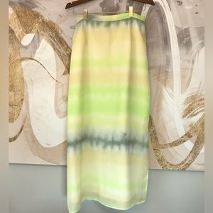 PERSONI | Y2K MIDI Skirt w/ Tie Dye Watercolour Print in Green & Yellow Size L